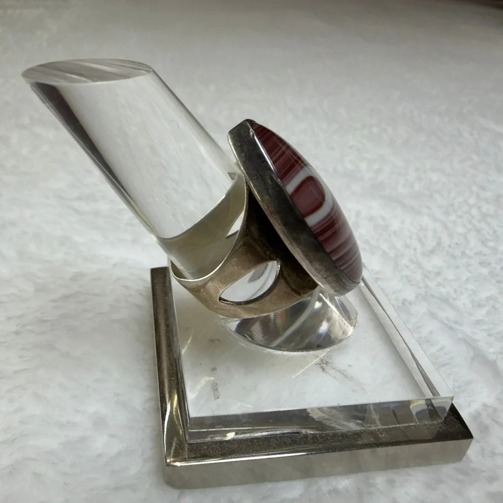 DRT Sterling Silver 925 Banded‎ Agate Marquise Statement Ring Size 6.25 Burgundy